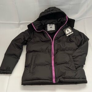 Black Puffer Jacket with Pink Accents